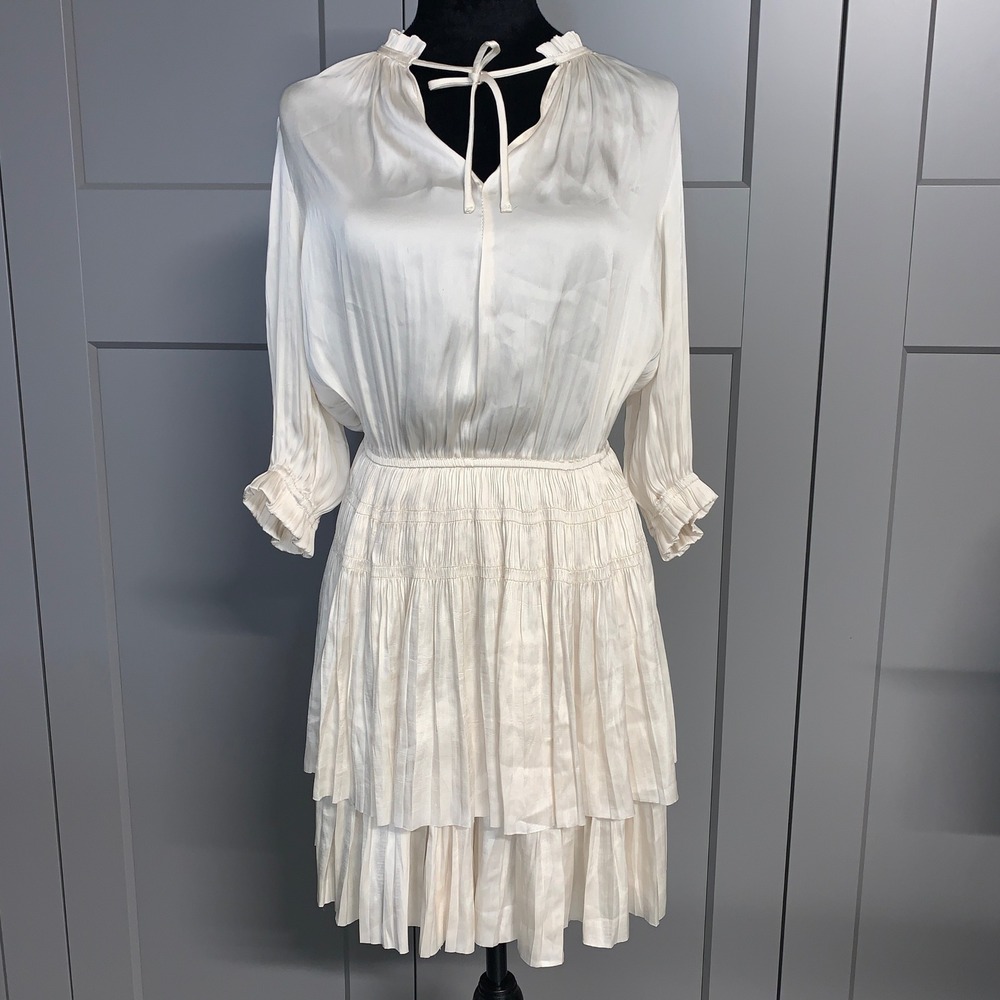 RESET By Jane Jamie Satin Silky Mini Dress Champagne Tiered Ruffle Flaws - Picture 2 of 11